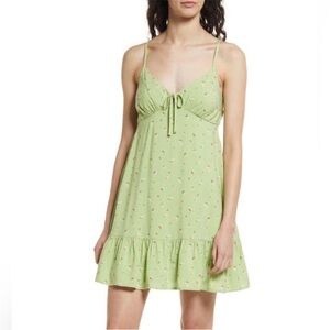 Abound Light Green Floral Babydoll Mini-Dress with a Tie-Front Detail